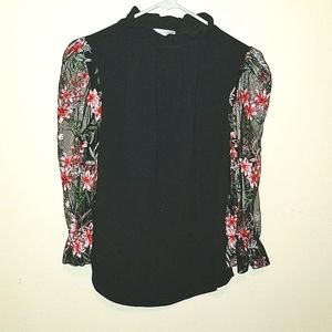 Sheer Floral Sleeve Black Blouse